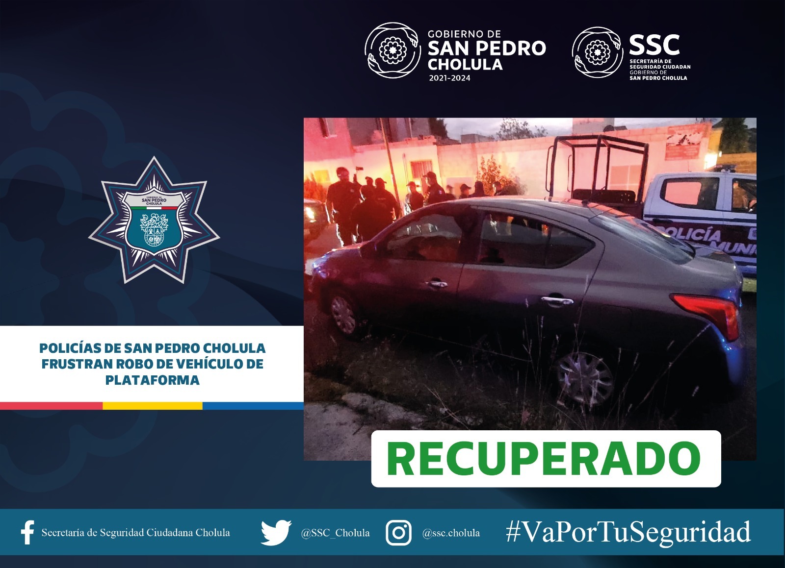 Policías de San Pedro Cholula frustran robo de vehículo de plataforma