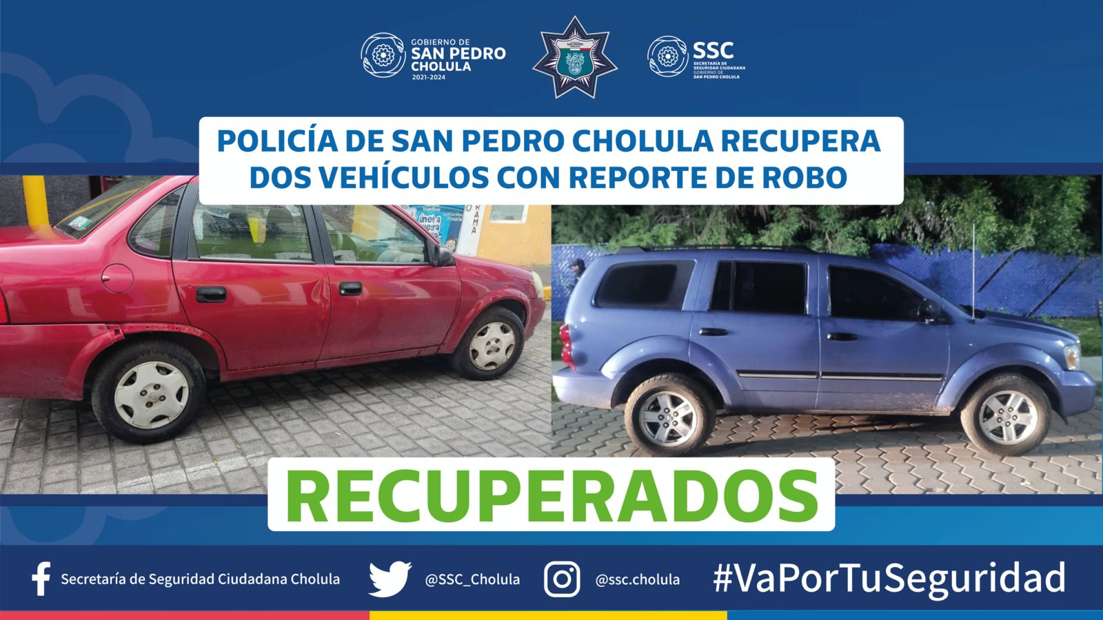 Policías de San Pedro Cholula recuperan autos con reporte de robo